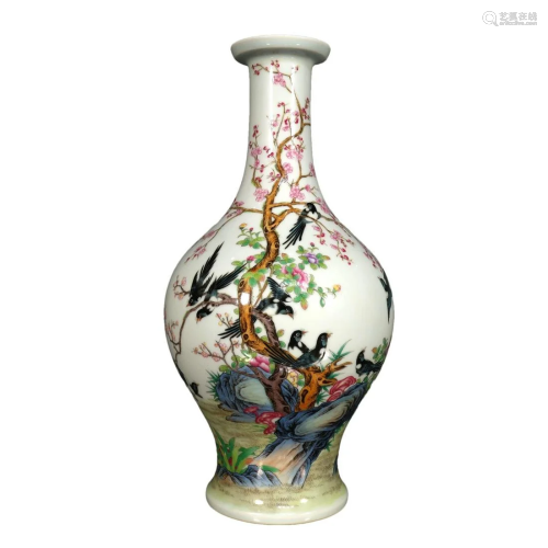 A Lovely Famille-Rose Flower& Bird Vase