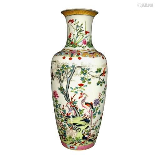 A Lovely Famille-Rose Flower& Bird Vase