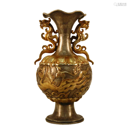 A Gilt-Bronze Silver 'Phoenix' Dragon-Handled Vase