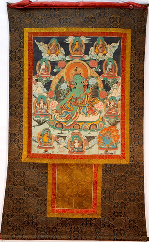 An unique Tibetan Green Tara Thangka