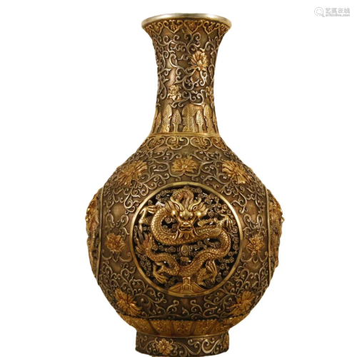 A Gilt-Bronze Silver 'Flower& Dragon' Vase