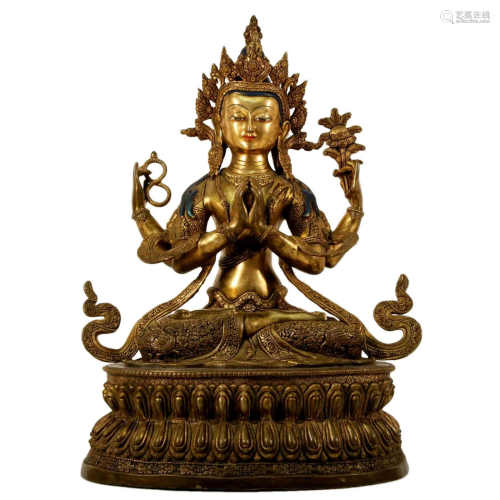 Gilt Bronze Buddhist Figure of Four-Armed Guanyin Bodhisattv...