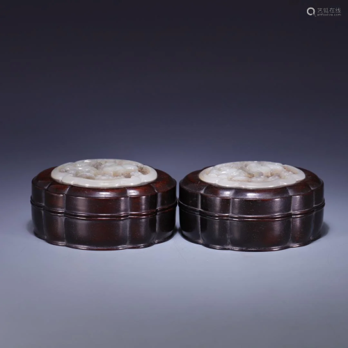 A Pair Of Zitanwood Hetian Jade-Inlaid Boxes And Covers
