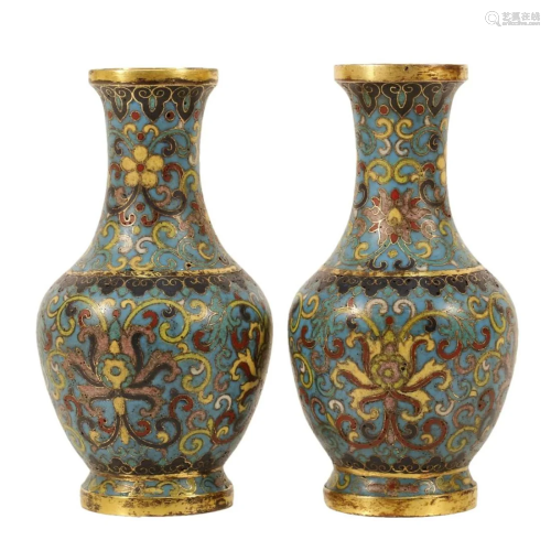 A Pair Of Cloisonne 'Scrolling Lotus' Vases