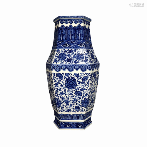A Blue And White Hexagonal Vase