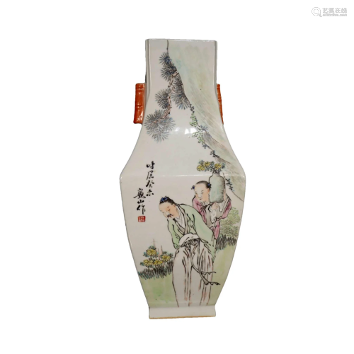A Lovely Famille-Rose Character Square Zun-Form Vase