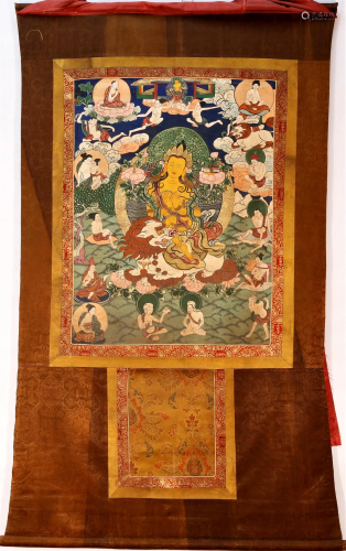 An unique Tibetan Lion-Ridding Guanyin Thangka