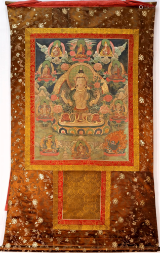 An Amazing Tibetan Four-Arms Guanyin Thangka