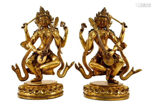 Two Gilt Bronze Figures of Guanyin
