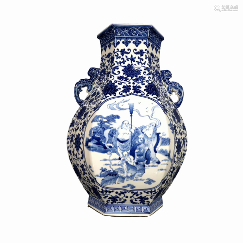 A Blue And White Hexagonal Vase