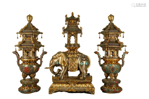A Set Of Gilt-Bronze Silver Gem-Inlaid Buddhist Ritual Items