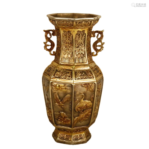 A Gilt-Bronze Silver 'Bird& Flower' Vase