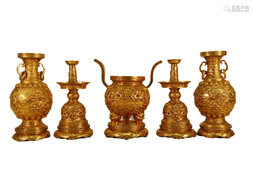 A Set Of Five Gilt-Bronze Buddhist Ritual Items