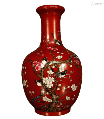 A Famille-Rose Red-Ground 'Flower& Bird' Vase