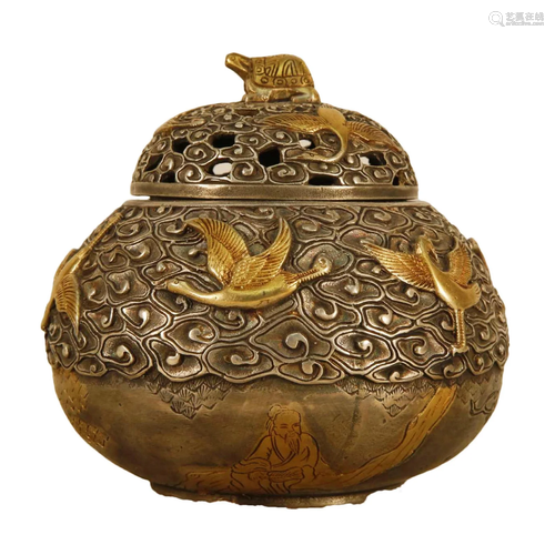 A Gilt-Bronze Silver 'Figure& Crane' Jar