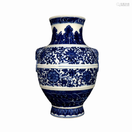 A Blue And White Beast-Handled Vase