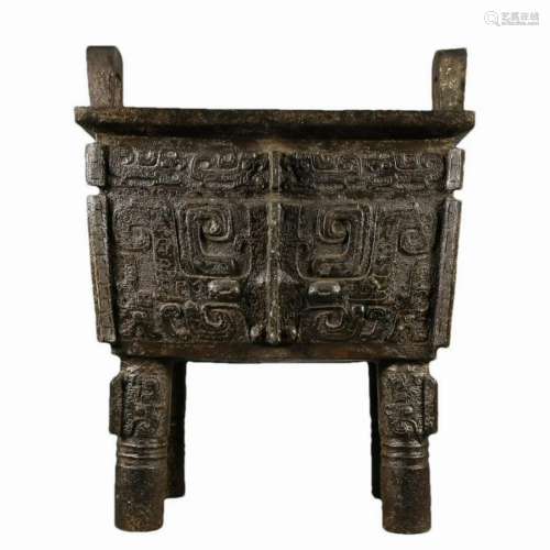 A Ancient Bronze Quadripod Ritual Food Vessel, Ding, With In...