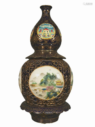 A Famille-Rose Sacrificial Blue-Glazed Gilded Gourd-Shaped H...