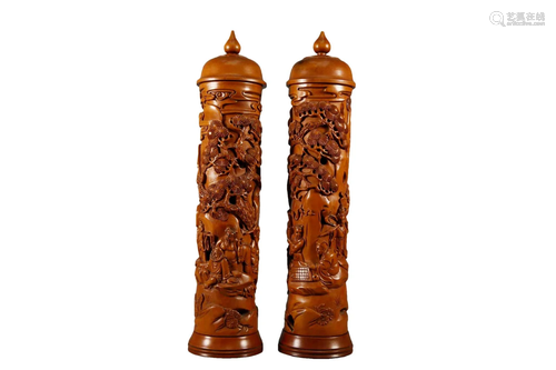 A Pair Of Cylindrical Boxwood Incense Holders