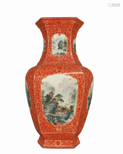 A Hexagonal Famille-Rose Coral Red-Ground Vase