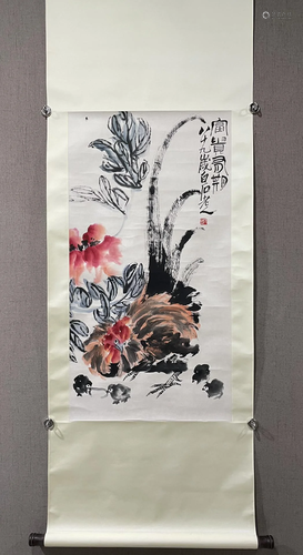 A Chinese Ink Painting Hanging Scroll By Qi Baishi