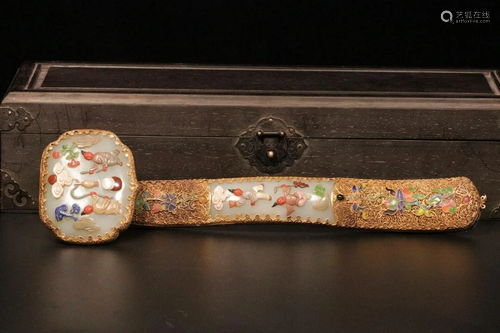 A Hetian Jade Gem-Inlaid Gilt-Decorated Ruyi Scepter