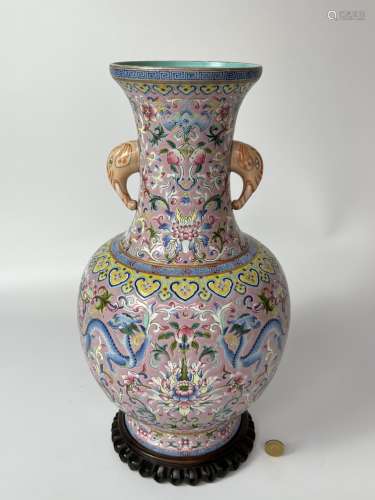 A famille rose vase with double ears, marked, Qing Dynasty P...