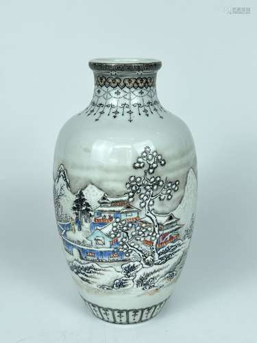 A snow scene depicted vase, marked, Republic Pr.