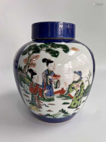 A blue ground famille rose tea jar, Qing Dynasty Pr.