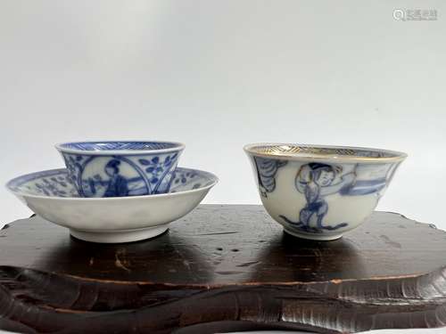 A set of blue&white cup and saucer, and one gilt cup, KangXi...