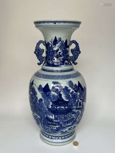 A blue&white vase with double ears, Qing Dynasty Pr.