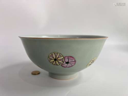 A pale-blue ground spotted famille rose bowl, marked,Qing Dy...