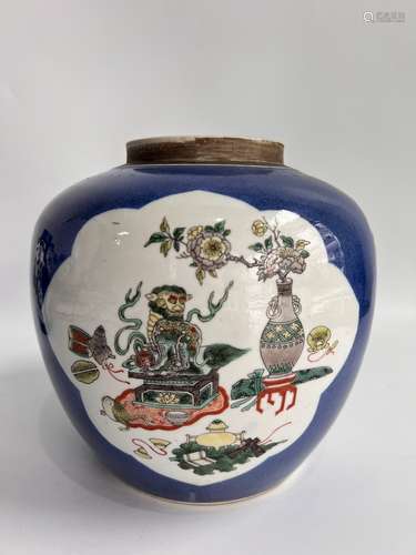 A blue ground famille rose tea jar, Qing Dynasty Pr.