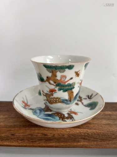 A set of famille rose cup and  saucer, depicted with monkey ...