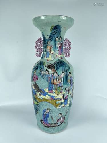 An extra large famille rose vase with double ears, Qing Dyna...