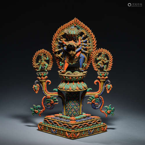 Chinese qing Dynasty silver gilt sculpture inlaid with gemst...