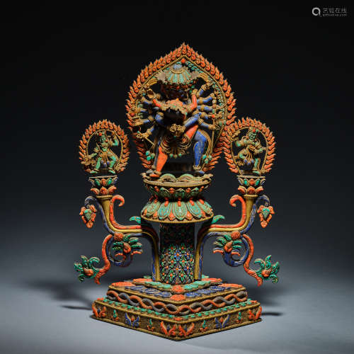 Chinese qing Dynasty silver gilt sculpture inlaid with gemst...