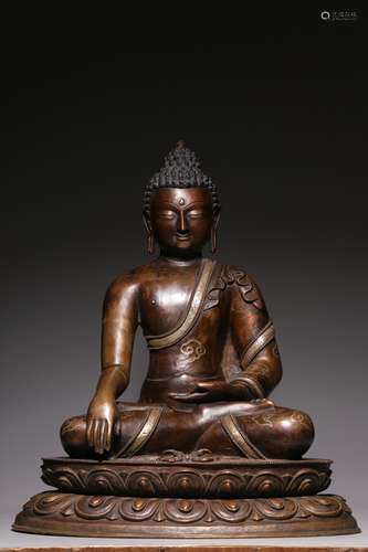 Sitting statue of Sakyamuni inlaid in bronze and silver in q...