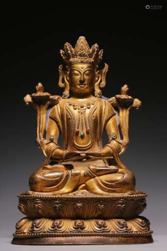 Qing Dynasty, bronze gilt inlaid treasure guanyin sitting st...