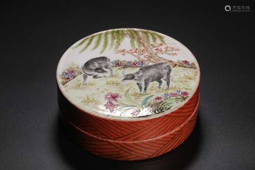 Qing Dynasty, alum red pastel cattle drawing lid box