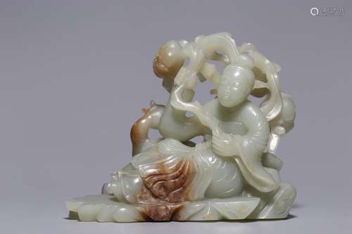 Qing Dynasty, hetian green white jade lotus lady statue