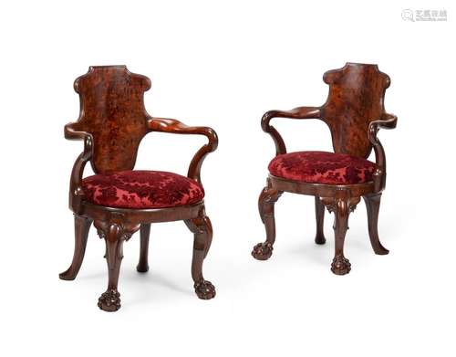 A PAIR OF WILLIAM IV MAHOGANY AND 'PLUM PUDDING' MAHOGANY AR...