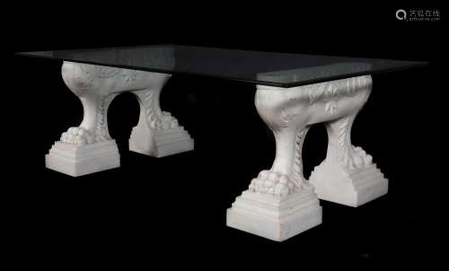 A PAIR OF WHITE MARBLE MONOPODIA TABLE SUPPORTS, AFTER THE A...