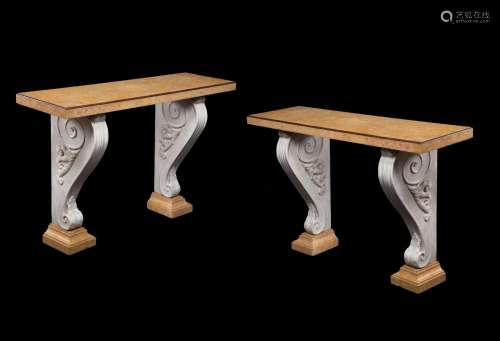 A PAIR OF ITALIAN WHITE MARBLE AND SIENA MARBLE CONSOLE TABL...