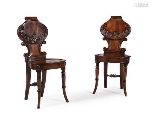 A PAIR OF REGENCY MAHOGANY HALL CHAIRS, CIRCA 1815