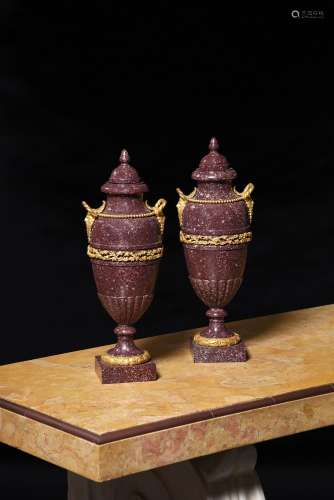 A PAIR OF FRENCH PORPHYRY AND ORMOLU MOUNTED LIDDED VASES, I...