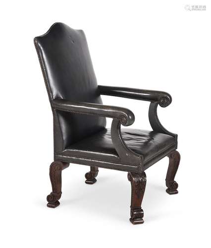 A MAHOGANY AND LEATHER UPHOLSTERED OPEN ARMCHAIR, IN KENTIAN...