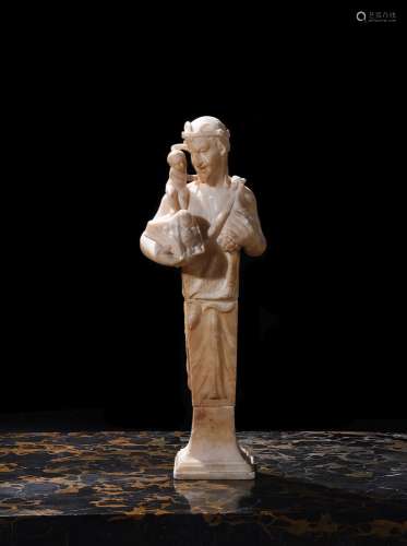 A CARVED ALABASTER HERM DEPICTING A SATYR WITH INFANT BACCHU...