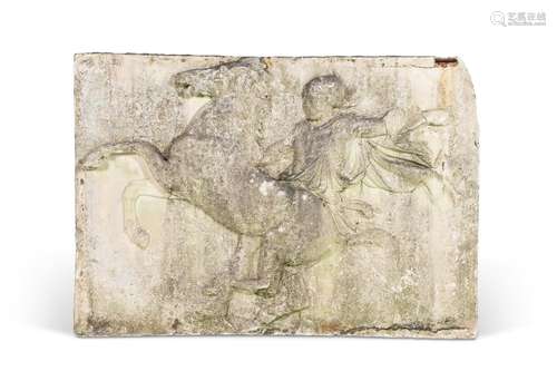 A FAUX MARBLE PANEL DEPICTING HORSEMAN FROM THE PARTHENON FR...