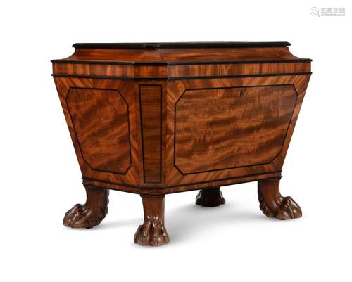 A REGENCY MAHOGANY, MARQUETRY AND EBONISED WINE COOLER, CIRC...